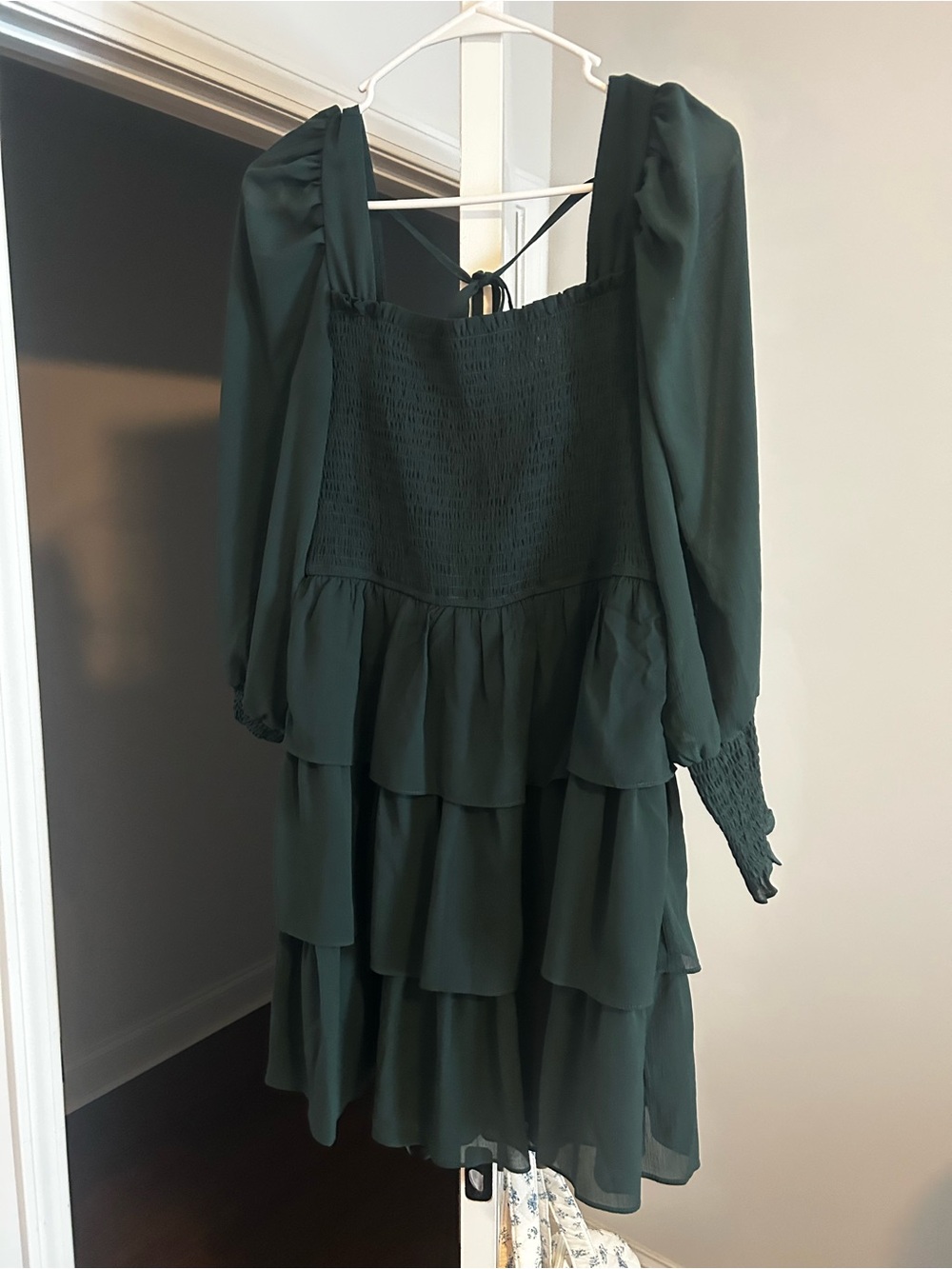Babaton Dark Green Tiered Smocked Mini Dress